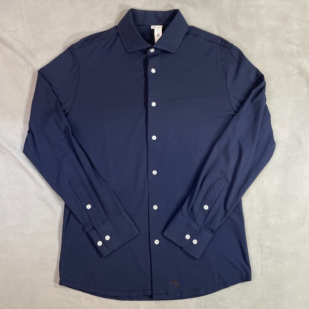 State And Liberty Mens Medium Casual Button Down Shirt Stretch Long Sleeve Blue